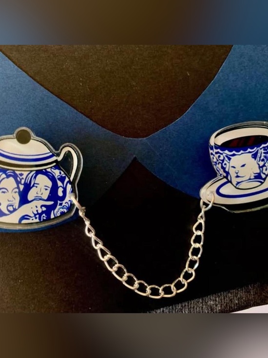 Handmade Other - Blue & White Teacup & Teapot Lapel Pin Set with Silver Chain Cat Meme Funny Pins